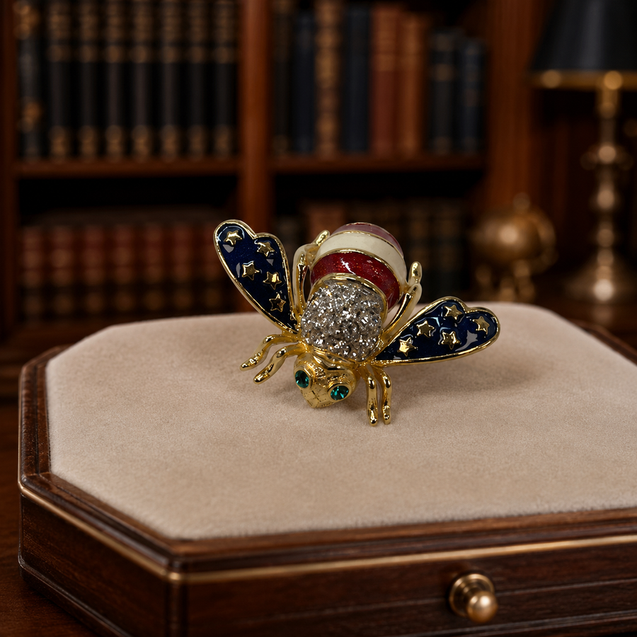Joan Rivers gold-tone bee brooch with red, white and blue enamel wings and rhinestones