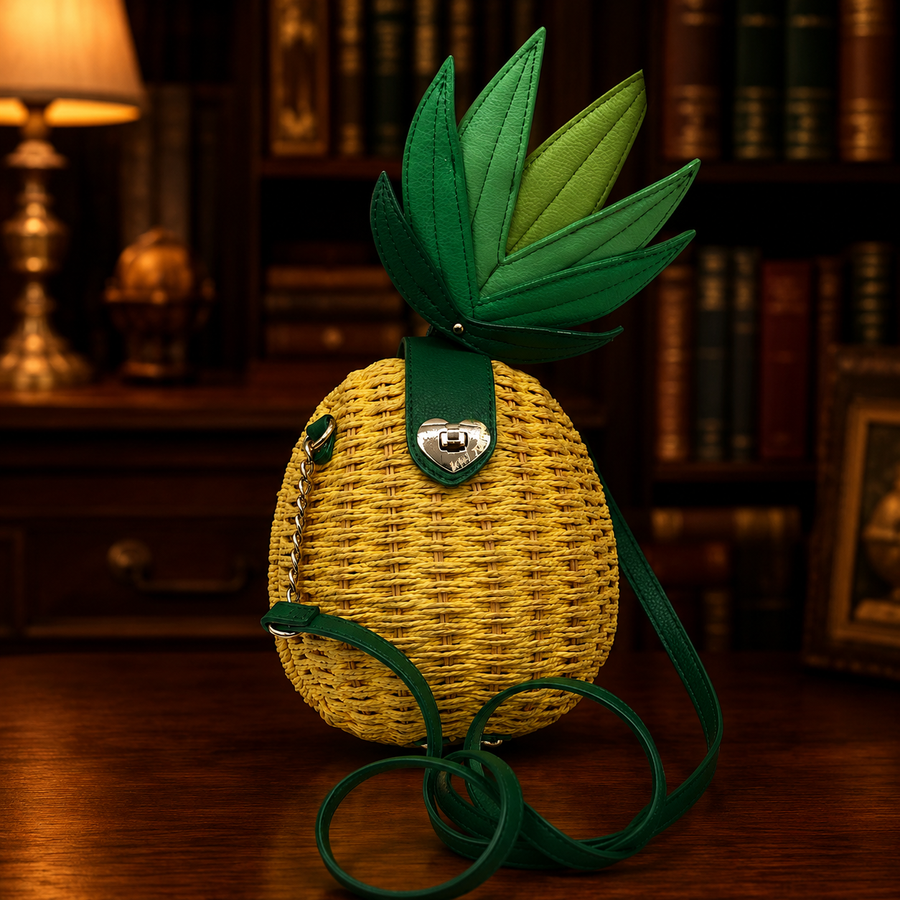 Pineapple-shaped crossbody bag with woven yellow body and green leaf top