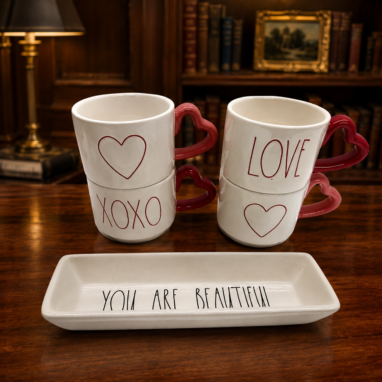 Rae Dunn Artisan Collection XOXO Love Mug & Tray Set, Valentine Coffee Cups Gift Set