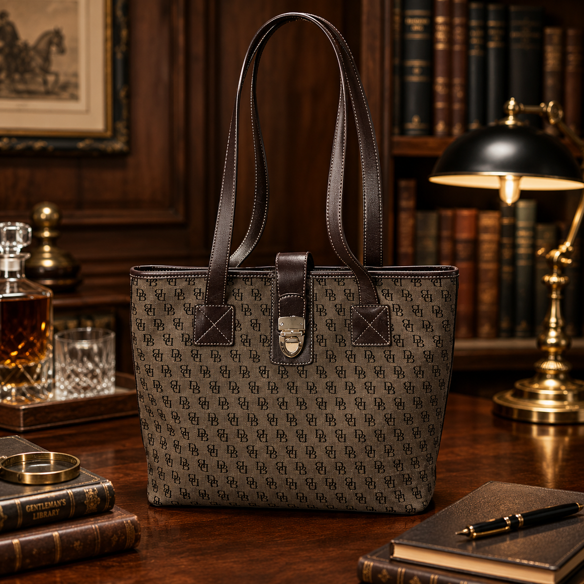 Grey-brown monogram jacquard north-south tote with dark leather trim and shoulder straps