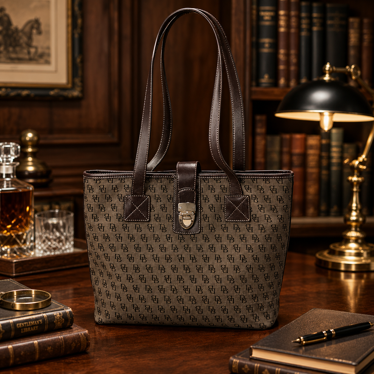 Dooney and Bourke Grey Brown Monogram Jacquard and Leather North South Tote