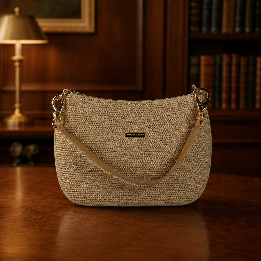 Eric Javits tan woven-texture shoulder bag with gold-tone hardware