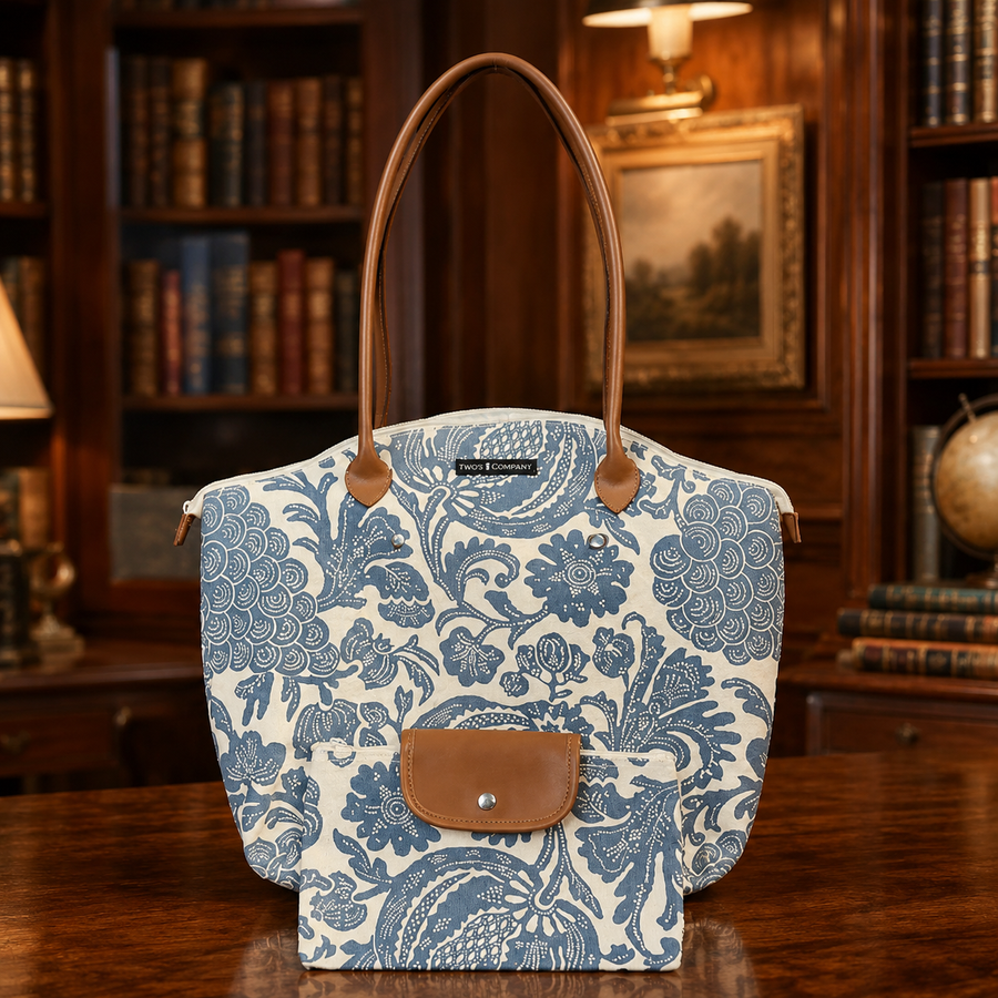 Blue and white floral canvas tote with tan handles and matching pouch