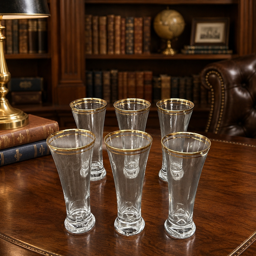 Six tall clear pilsner glasses with gold-tone rims and their box