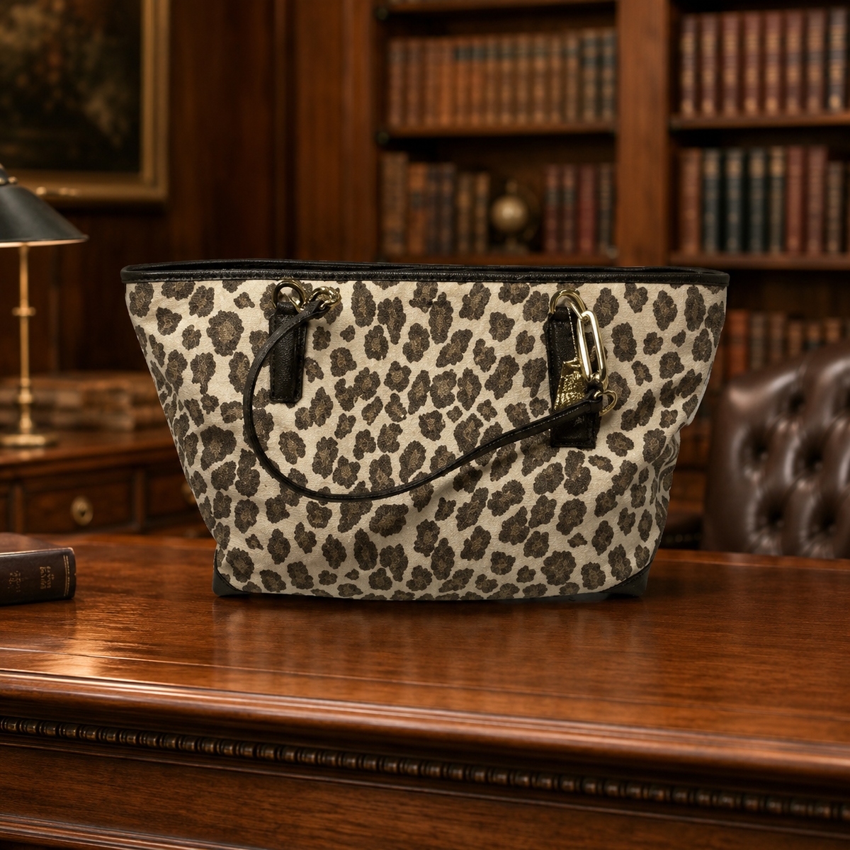 Coach ocelot leopard jacquard tote with brown leather trim and shoulder straps