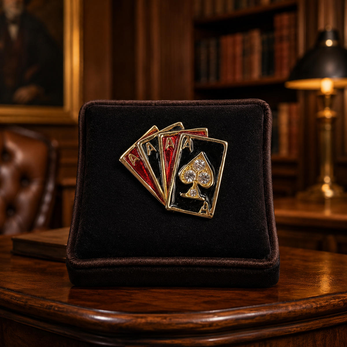 AGE REVIEW Gold Tone Glass Gems Enamel 4-Of-A-Kind Ace Poker Cards Brooch