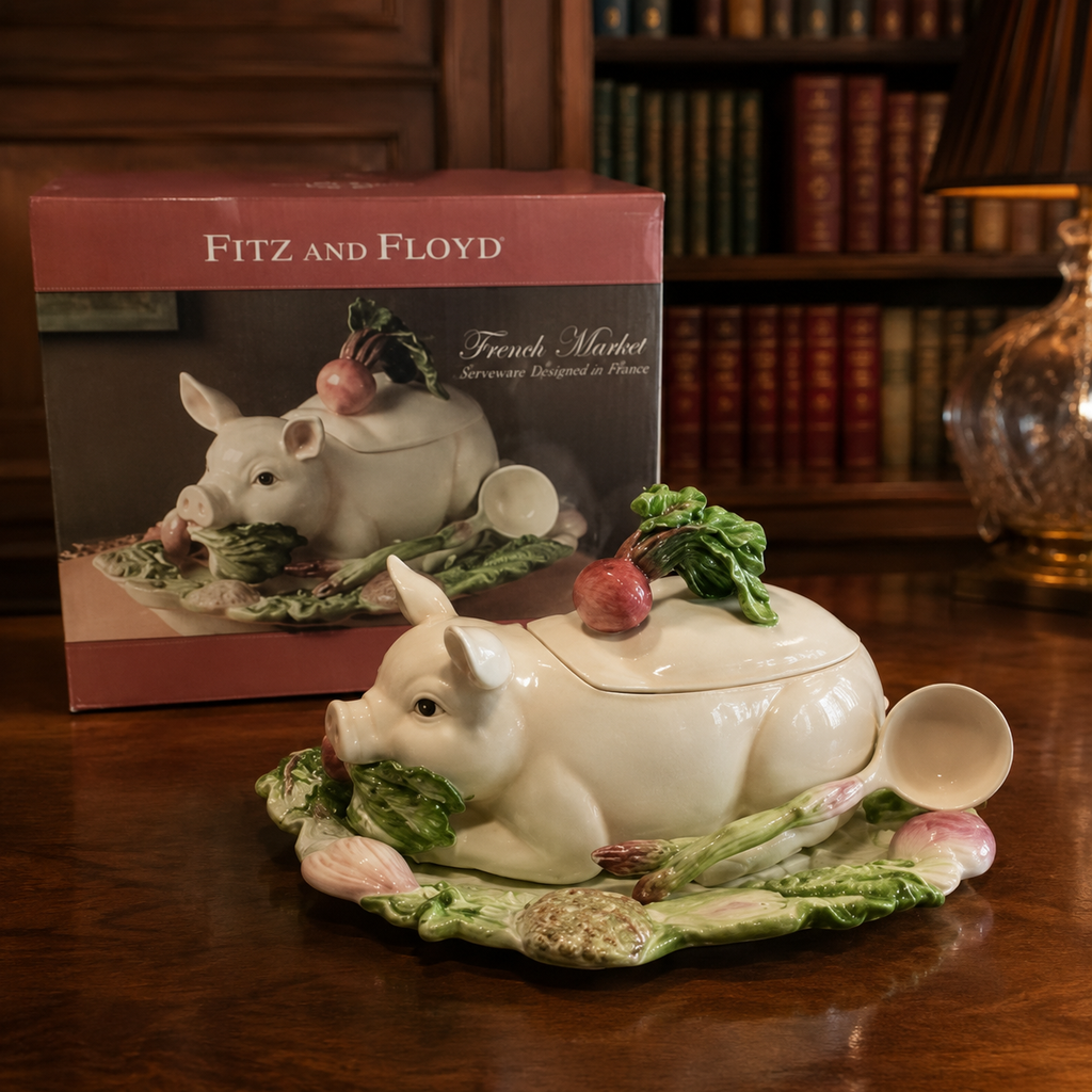 Fitz and Floyd French Market Pig Ceramic Covered Soup Tureen with Ladle and Original Box