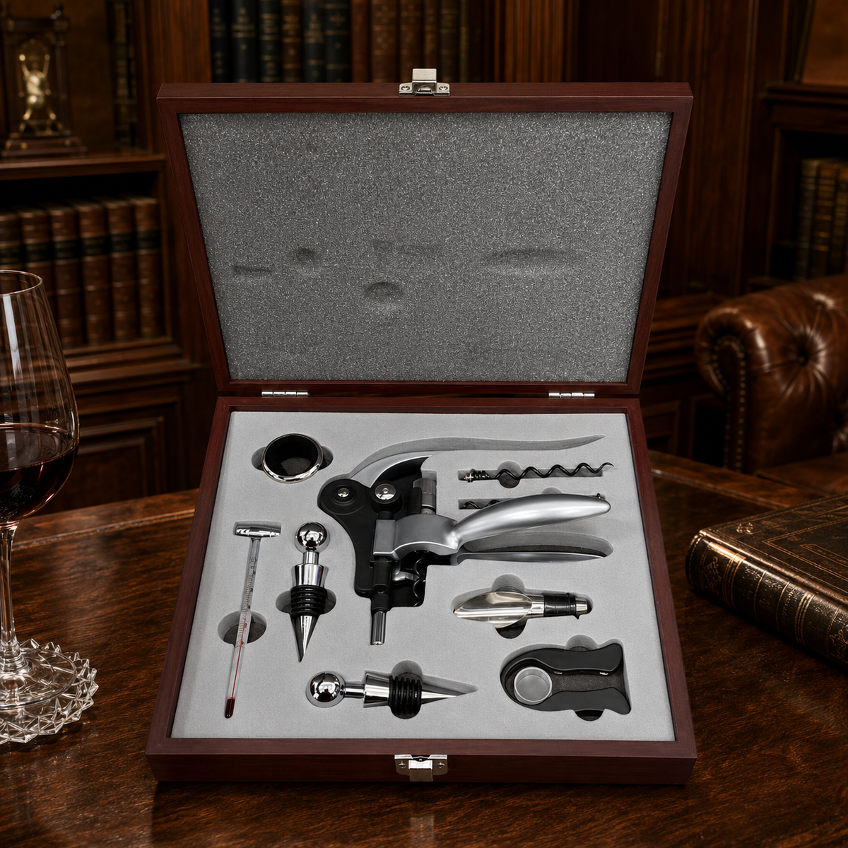 AGE REVIEW Professional Wine Bottle Opener 9-Piece Gift Set in Wood Box