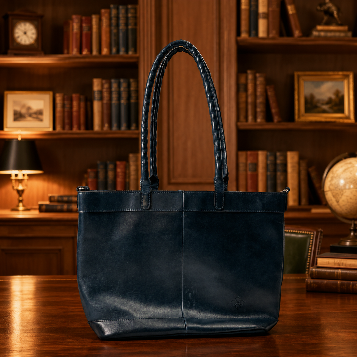 Patricia Nash navy blue leather tote with rolled shoulder straps