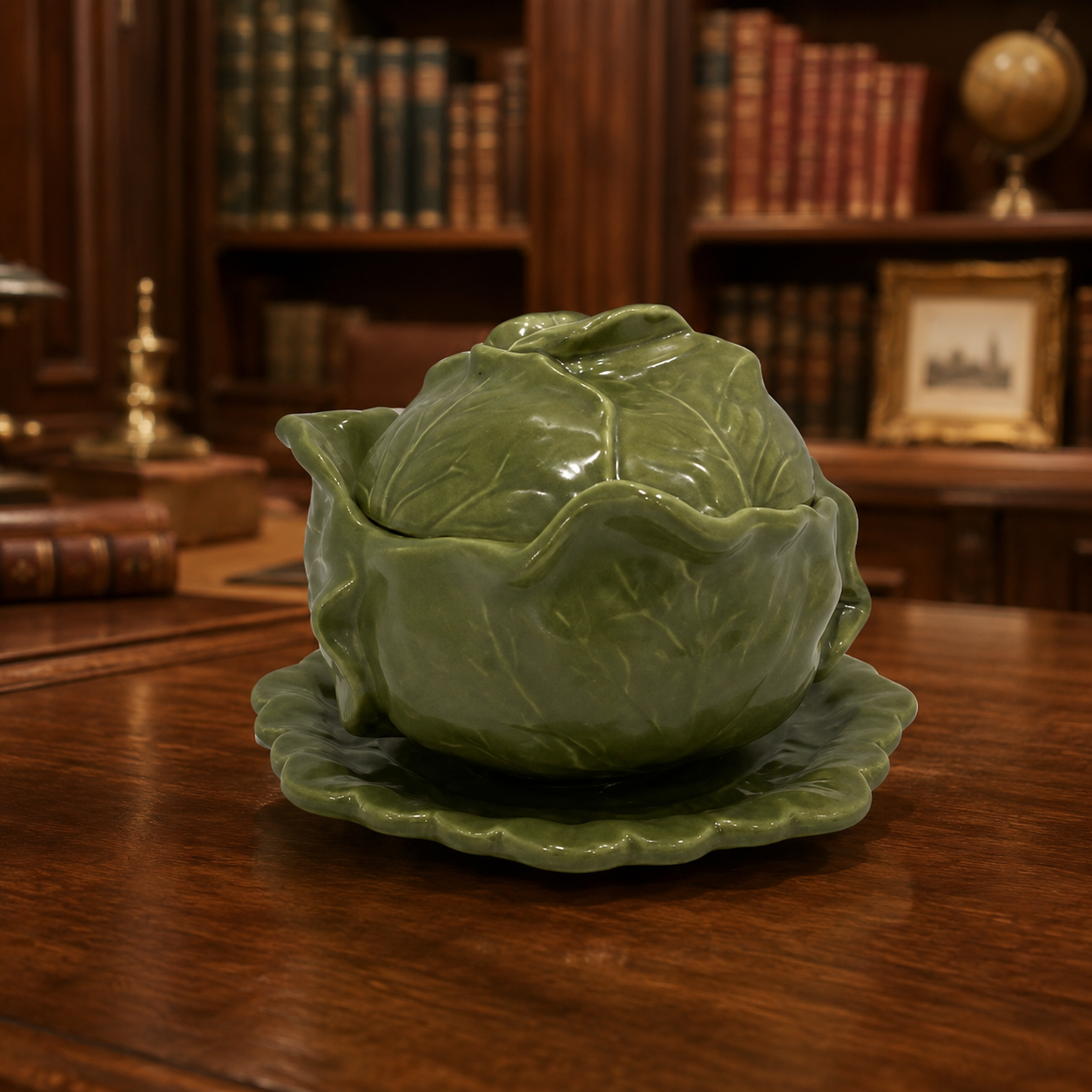 Holland Mold Green Cabbage Soup Tureen with Underplate, Vintage Ceramic Vegetable Serveware