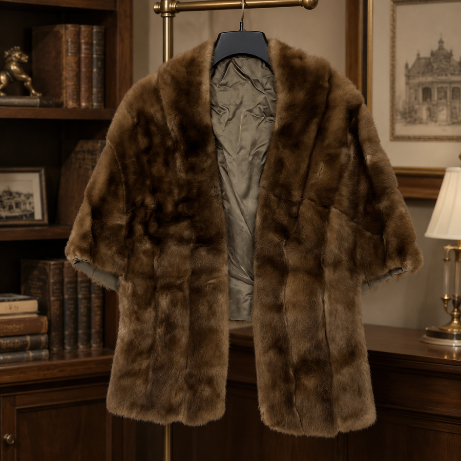 Light brown fur cape stole with open front and long pocketed front panels