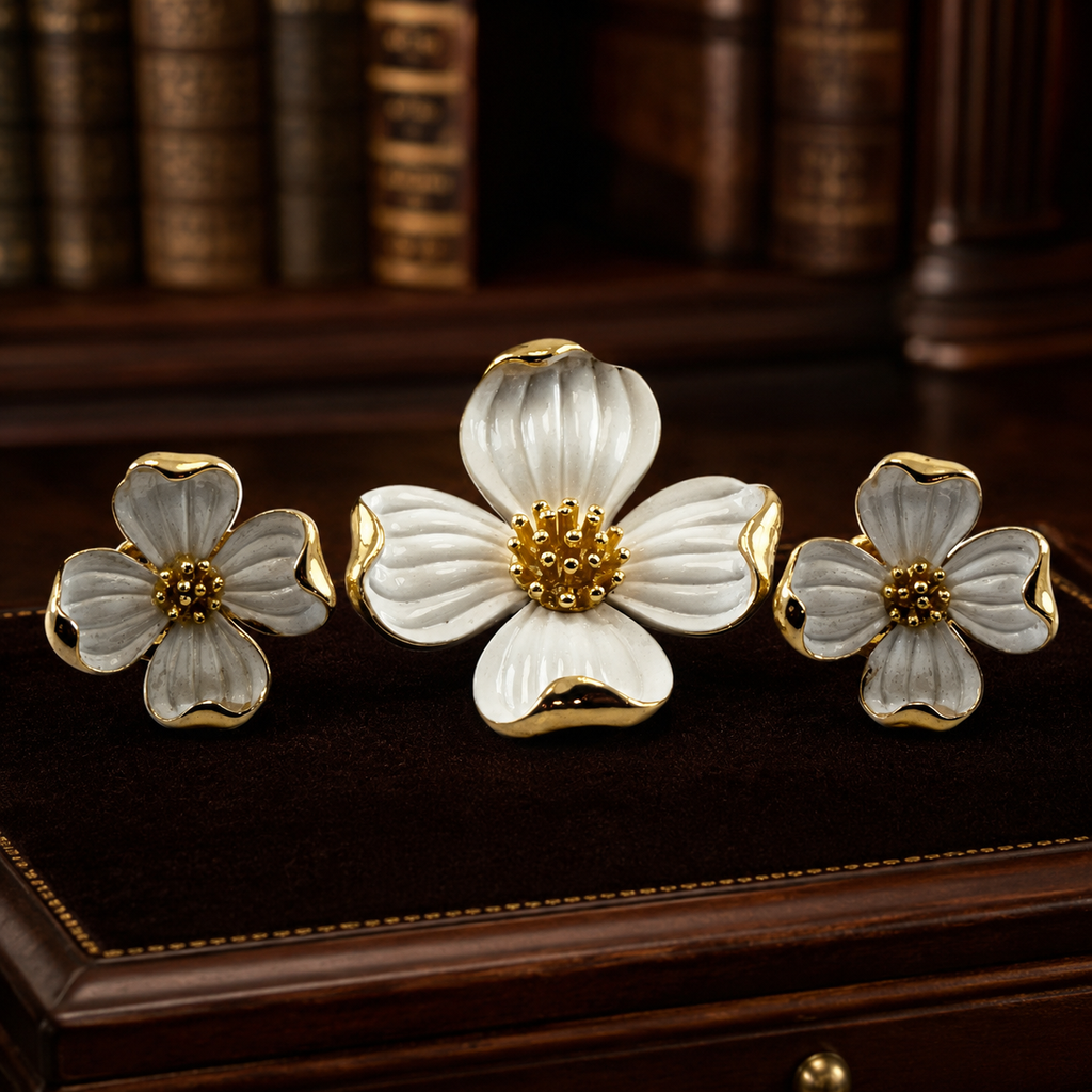 Vintage Crown Trifari White Enamel Dogwood Clip On Earrings Brooch