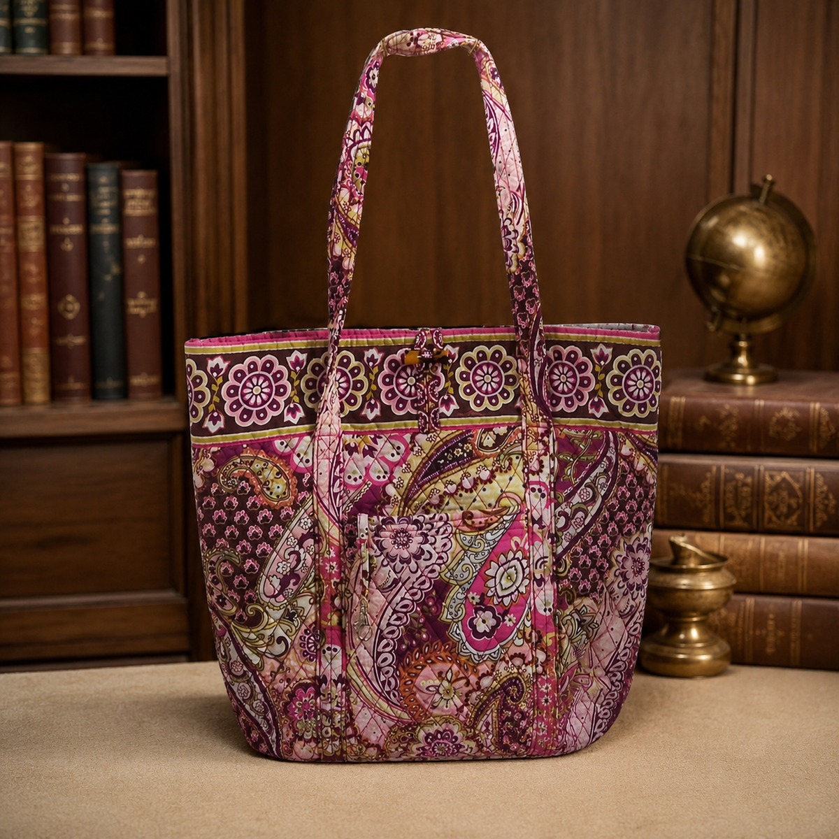 Pink paisley floral quilted fabric shoulder tote with long shoulder straps