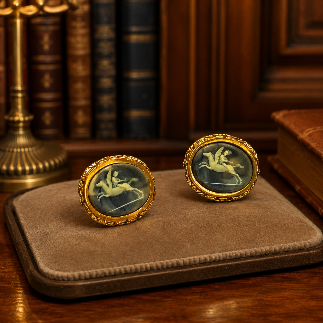 Vintage Gold Tone Pegasus Cameo Cuff Links | Blue Intaglio Mythology Revival Men's Accessories