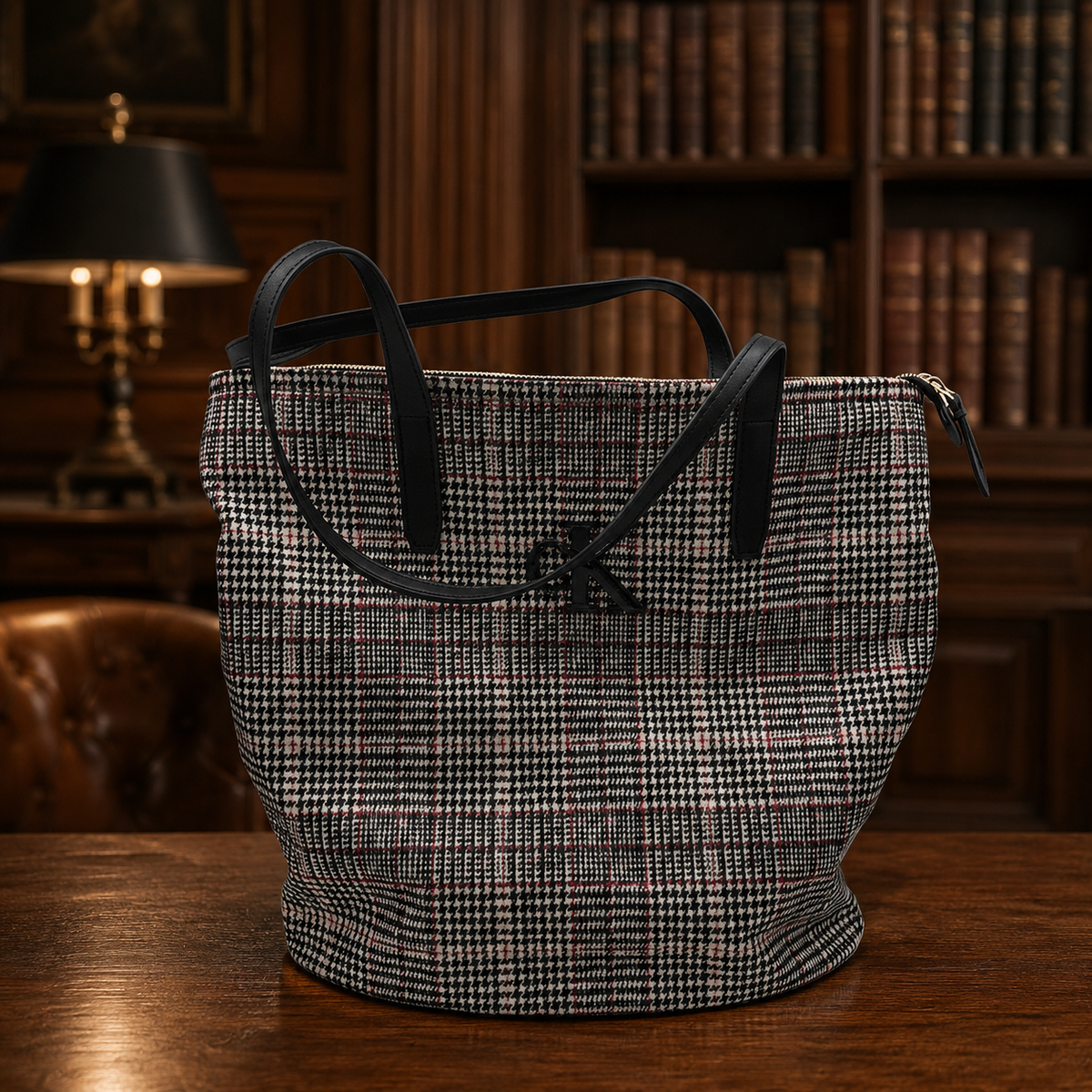 Black, white and red plaid tote with black trim and handles