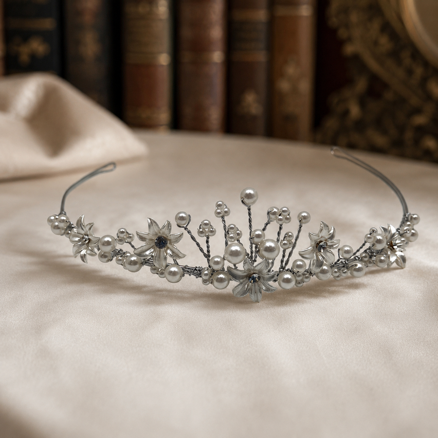 Silver-tone floral wire bridal tiara with faux pearls and crystal-like accents