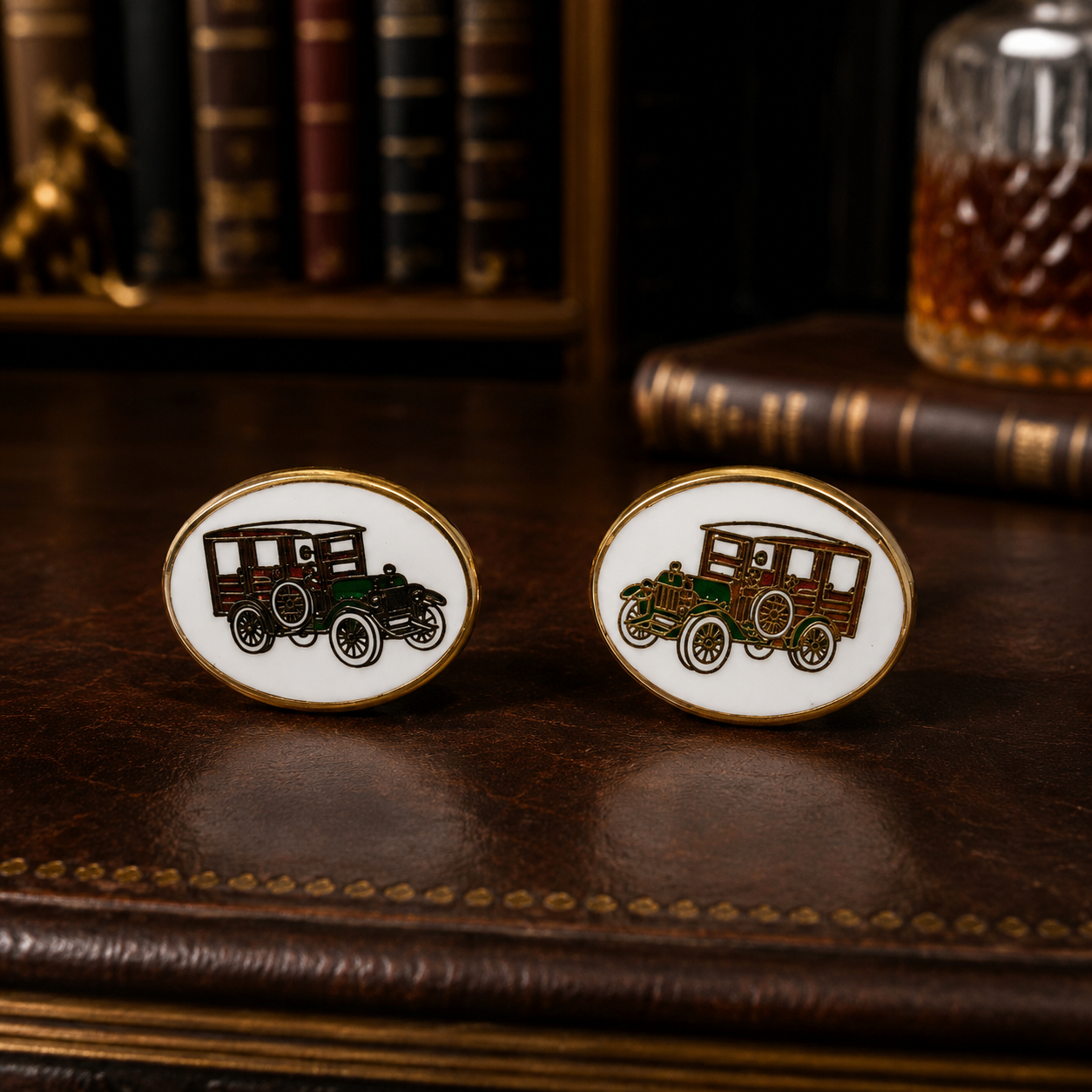 Vintage Signed Avon Oval Enamel Classic Car Gold Tone Cufflinks In Box
