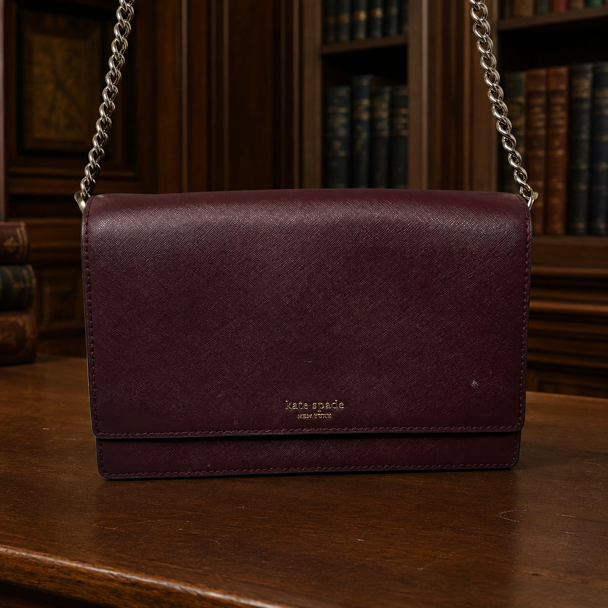Kate Spade New York burgundy saffiano leather wallet on chain crossbody with spade print lining