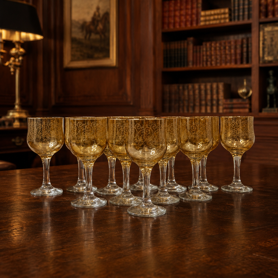 Twelve matching amber glass stemmed wine glasses