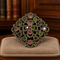 Sarah Coventry Gold Tone Filigree Diamond Brooch with Pink and Green Glass Gems
