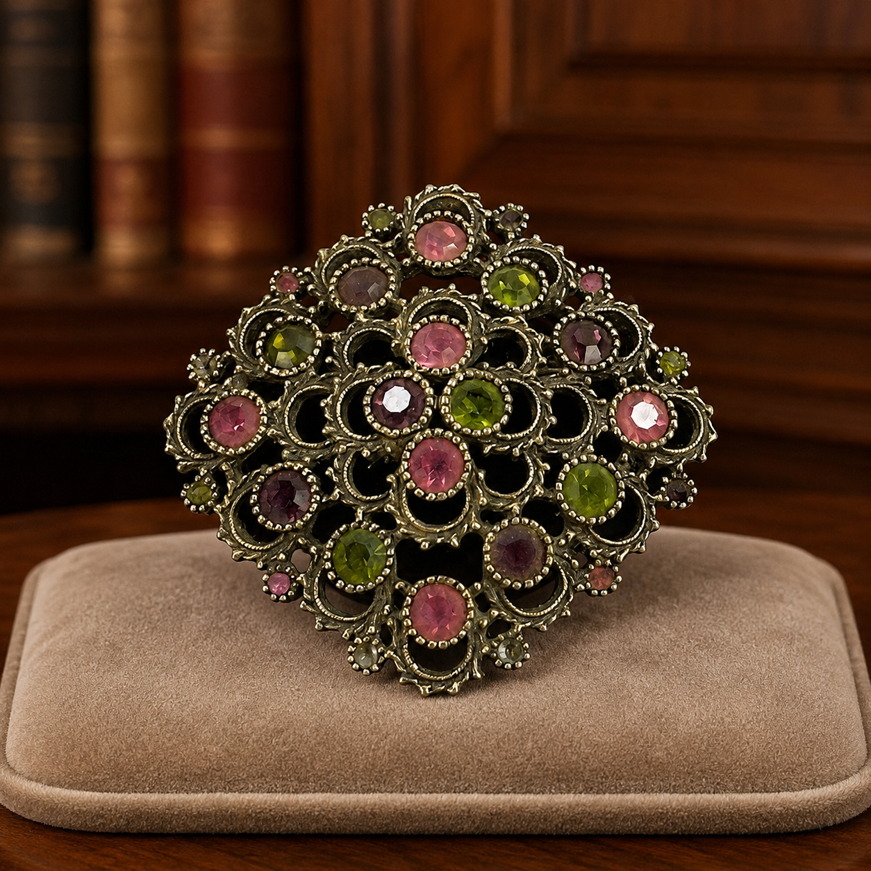Sarah Coventry Gold Tone Filigree Diamond Brooch with Pink and Green Glass Gems