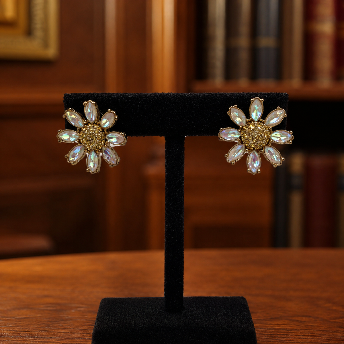 Gold-tone daisy post earrings with iridescent crystal-style petals and yellow rhinestone centers