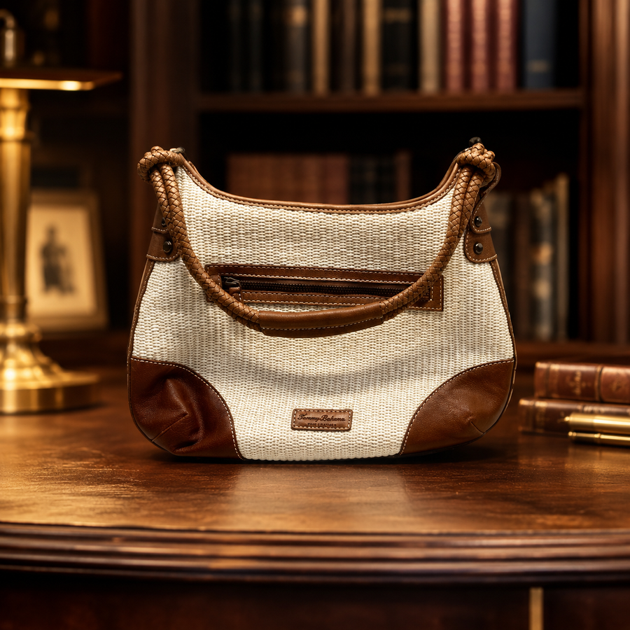 Light woven shoulder purse with brown trim and braided handles, with dust bag