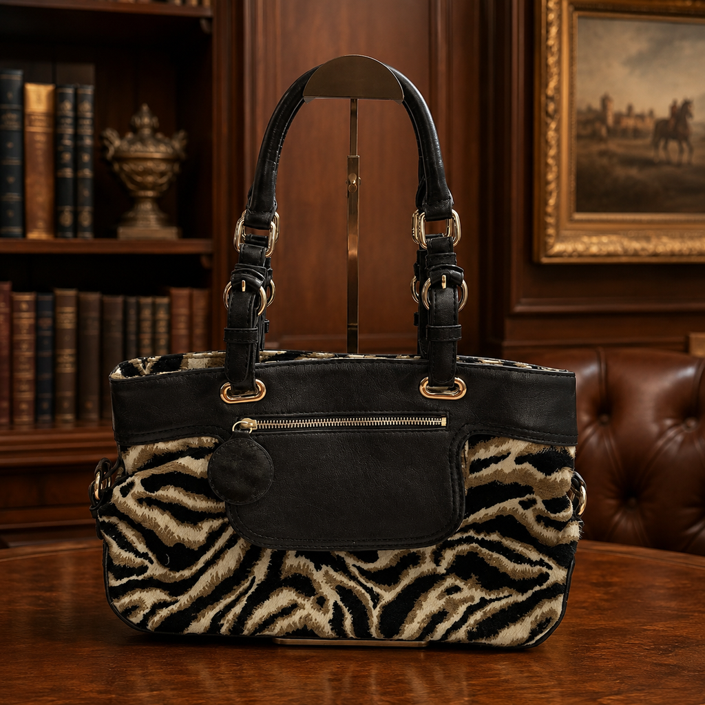 Antonio Melani Black & Tan Animal Print Jacquard Satchel, Leather Trim Shoulder Bag