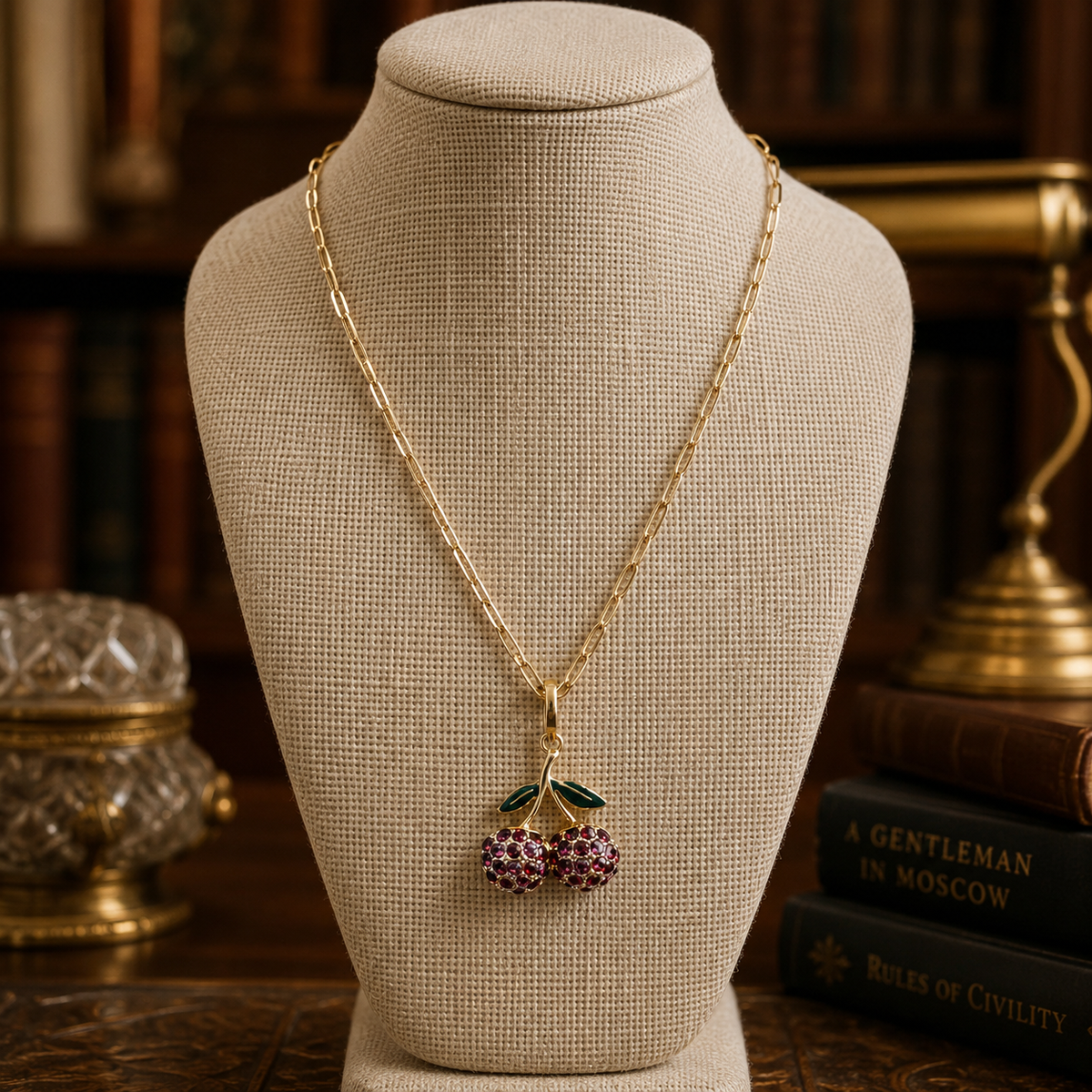 Gold-tone cherry pendant necklace with pink rhinestone fruit and green leaves