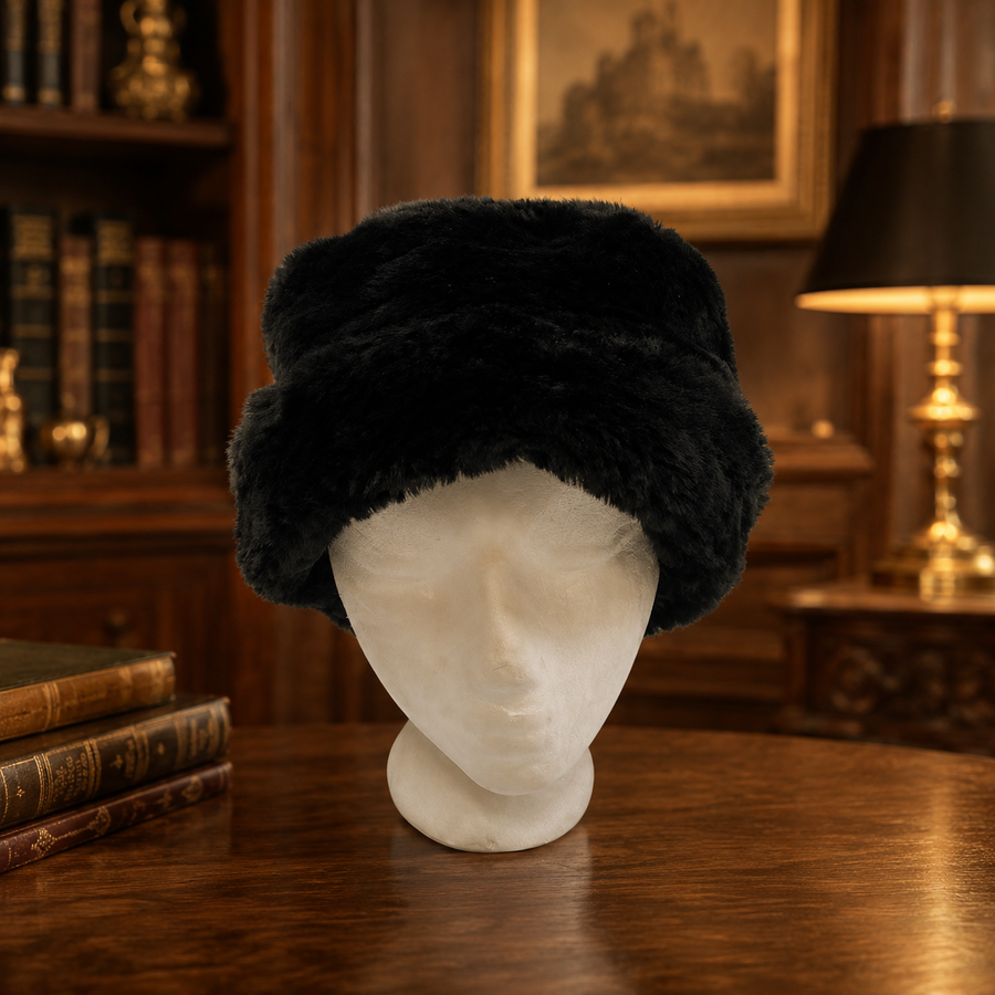 Black plush Cossack style winter hat with fold-over band