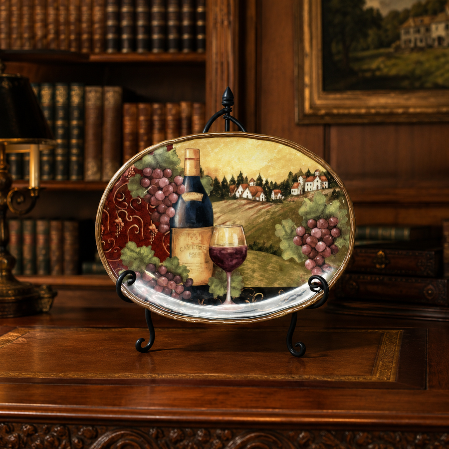 Oval decorative platter painted with grapes, wine bottle, filled glass and village, on a black metal stand