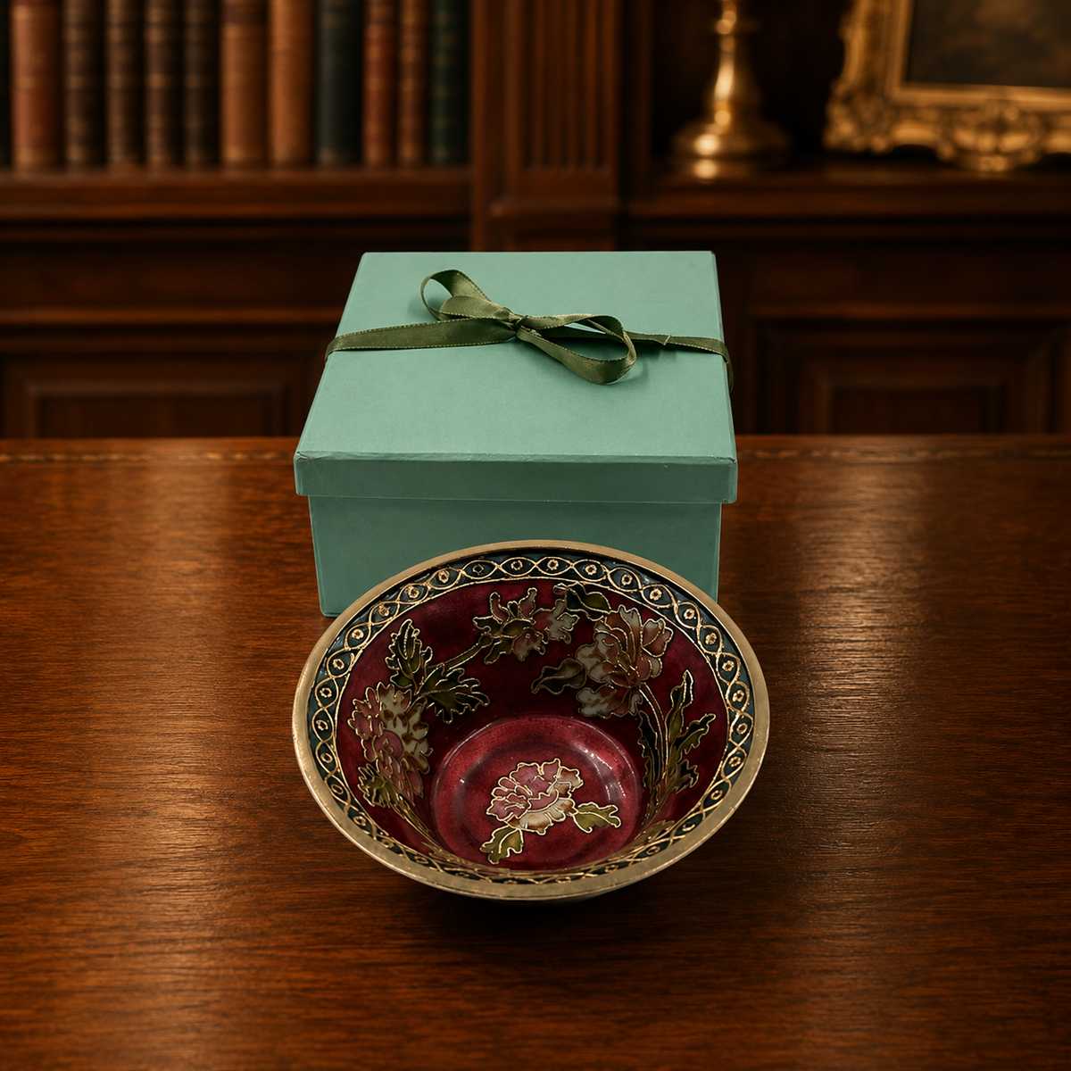 Small red bowl with ornate gold and floral decoration in a fitted box