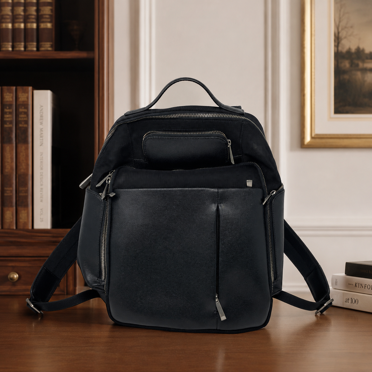 Barneys New York black backpack with adjustable straps, top handle and front zip pocket