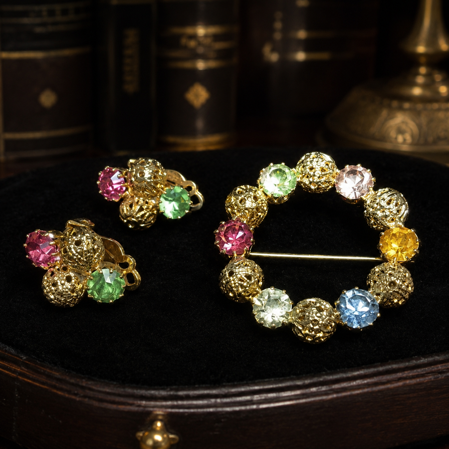Gold-tone wreath brooch and matching clip earrings with multicolor round stones