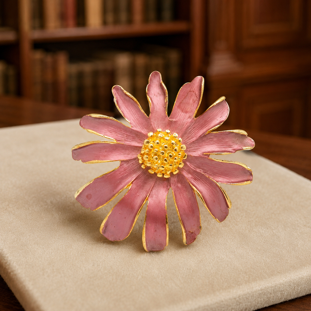 Large Vintage Gold Tone Purple Pink Flower Brooch, Dimensional Daisy Statement Pin