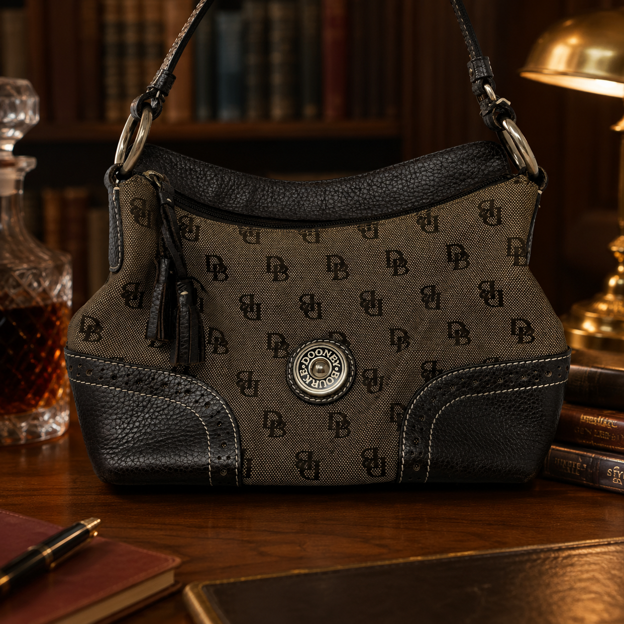 Dooney and Bourke Women's Brown Signature Leather Trim Tassel Shoulder Handbag