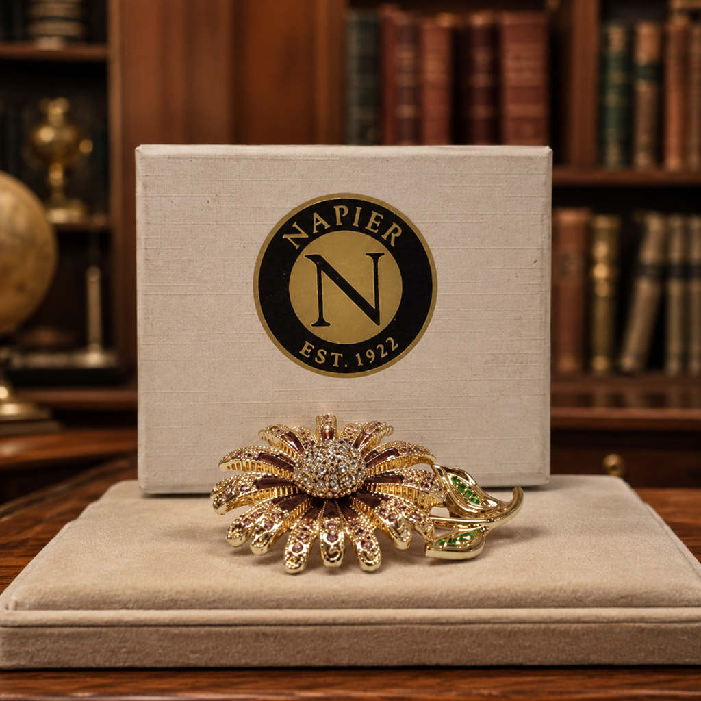 1960s–80s Napier Flower Brooch Pink Rhinestones Green Leaves Gold-Tone 2.5