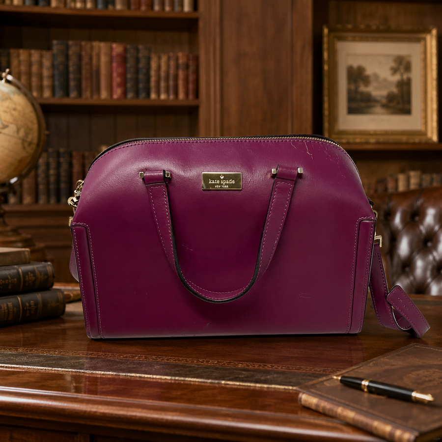 Kate Spade New York magenta leather structured satchel with gold-tone hardware and front plaque