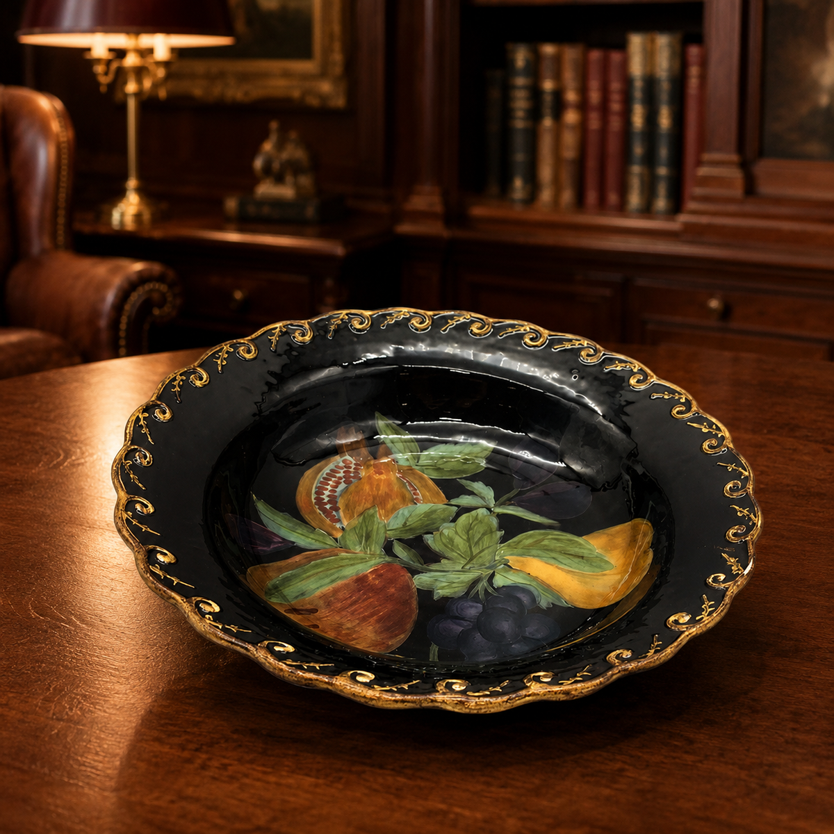 Raymond Waites Pompeii black ceramic serving bowl with painted fruit and gold-tone border