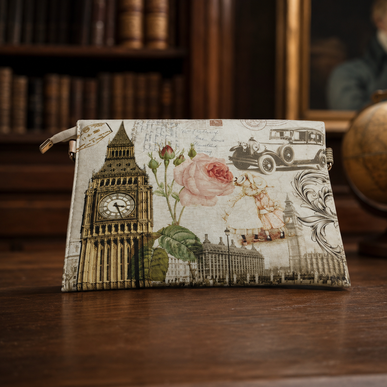 BMC Textured Postage Stamp Design Clutch | London Paris Travel Print Wristlet Bag