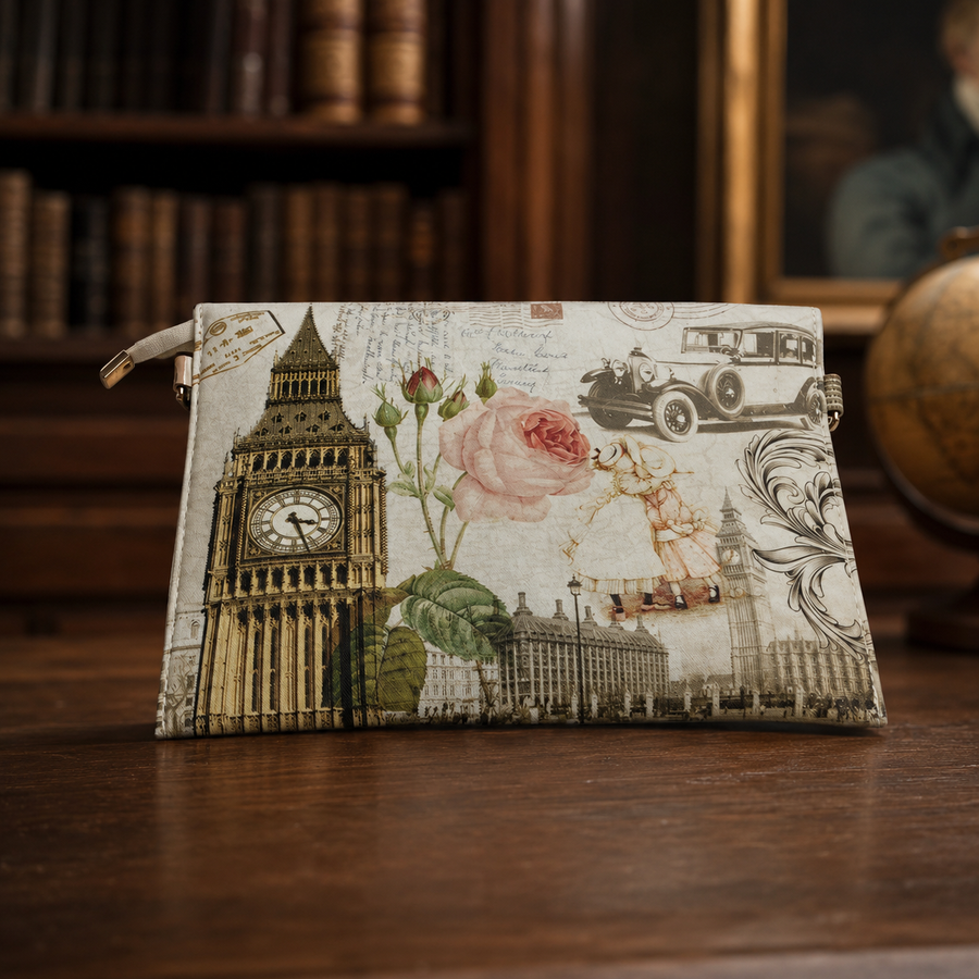 Cream textured zip clutch with postage stamp and London travel print and wrist strap