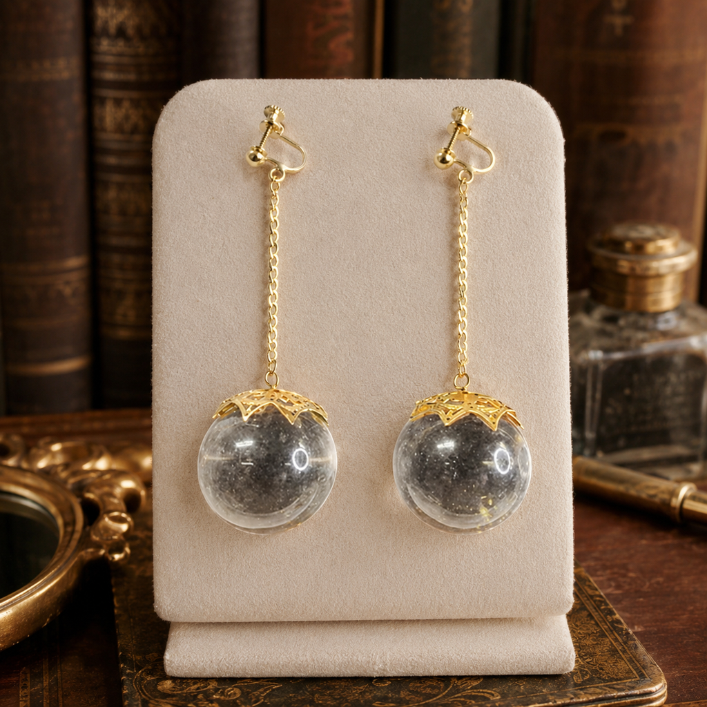 Vintage Style Gold Tone Clip-On Dangle Earrings with Large Clear Crystal Spheres