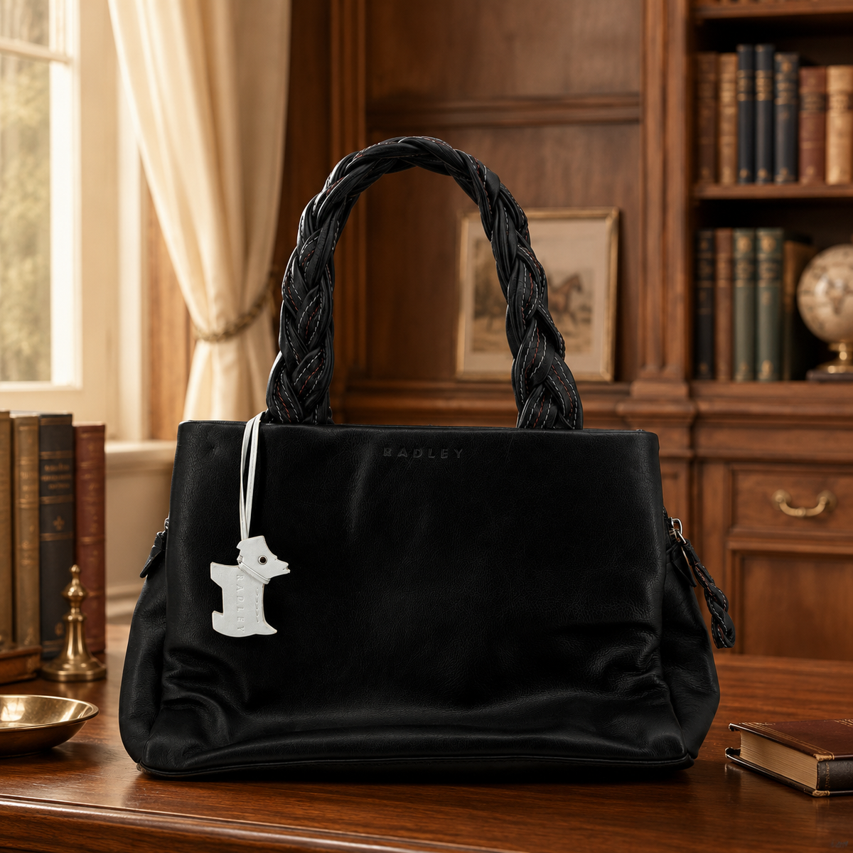 Radley London black leather shoulder bag with braided handles and white Scottie dog charm