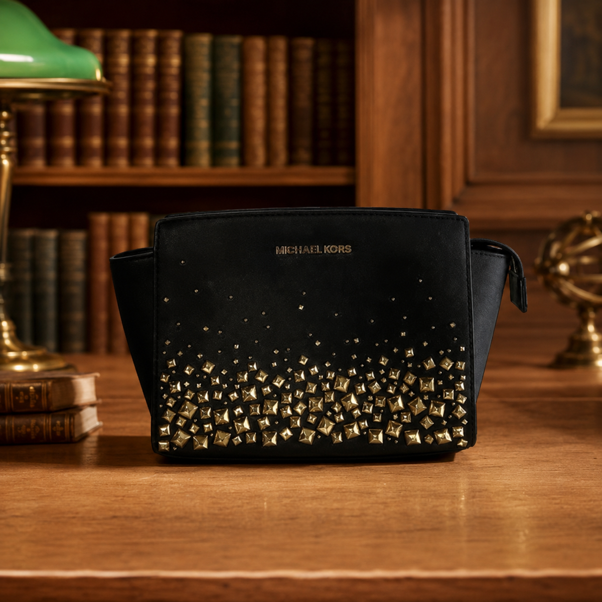 Michael Kors black saffiano leather crossbody with gold-tone pyramid studs