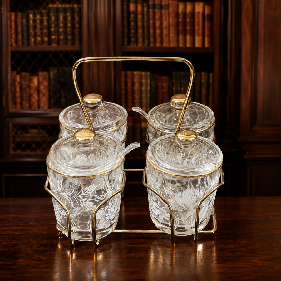 Glass Condiment Jars with Gold Trim and Holder Set