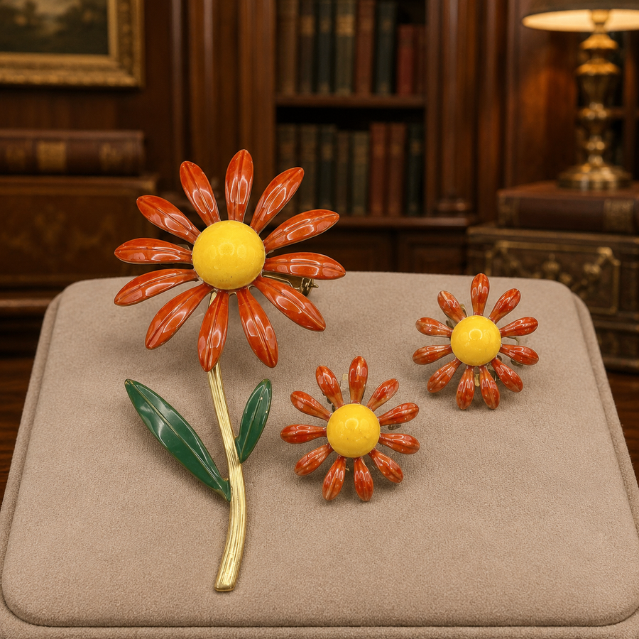 Orange and yellow daisy brooch with green leaves and matching daisy clip earrings