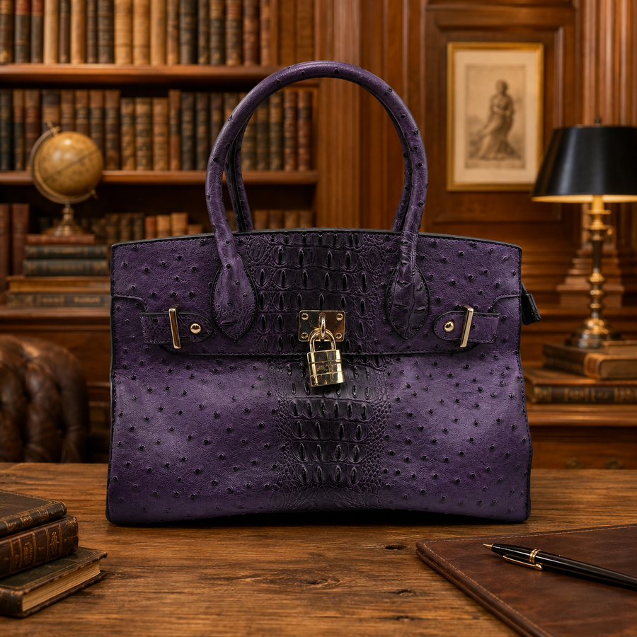 Purple structured satchel with faux ostrich and croc textures, rolled handles and gold-tone padlock