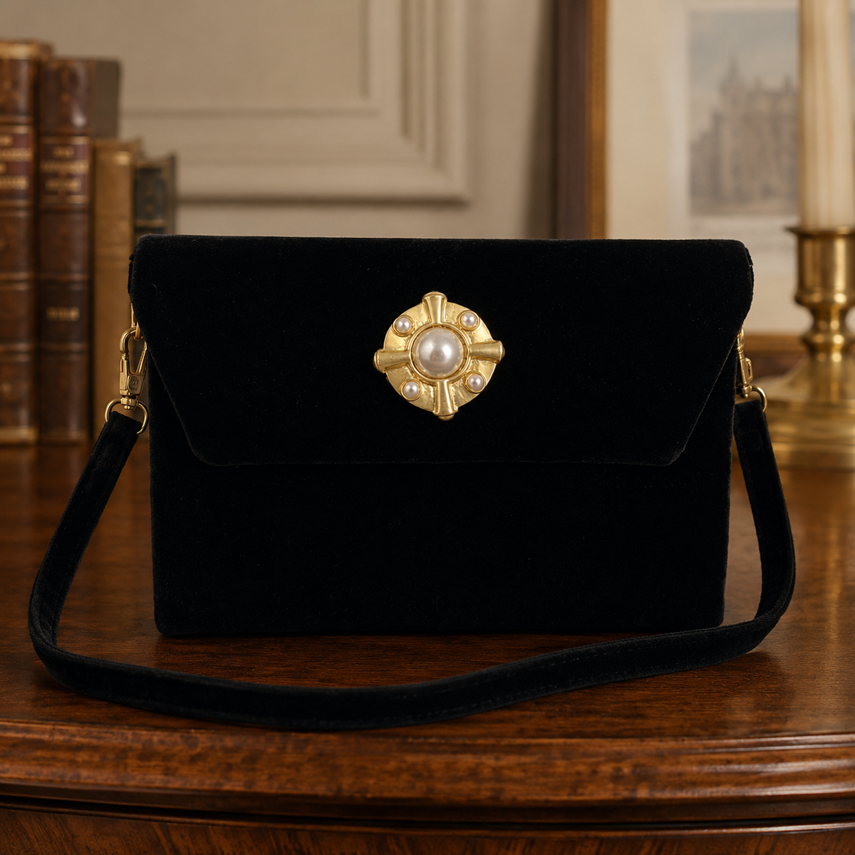 Carolyne Barton black velvet evening clutch with jeweled gold-tone medallion