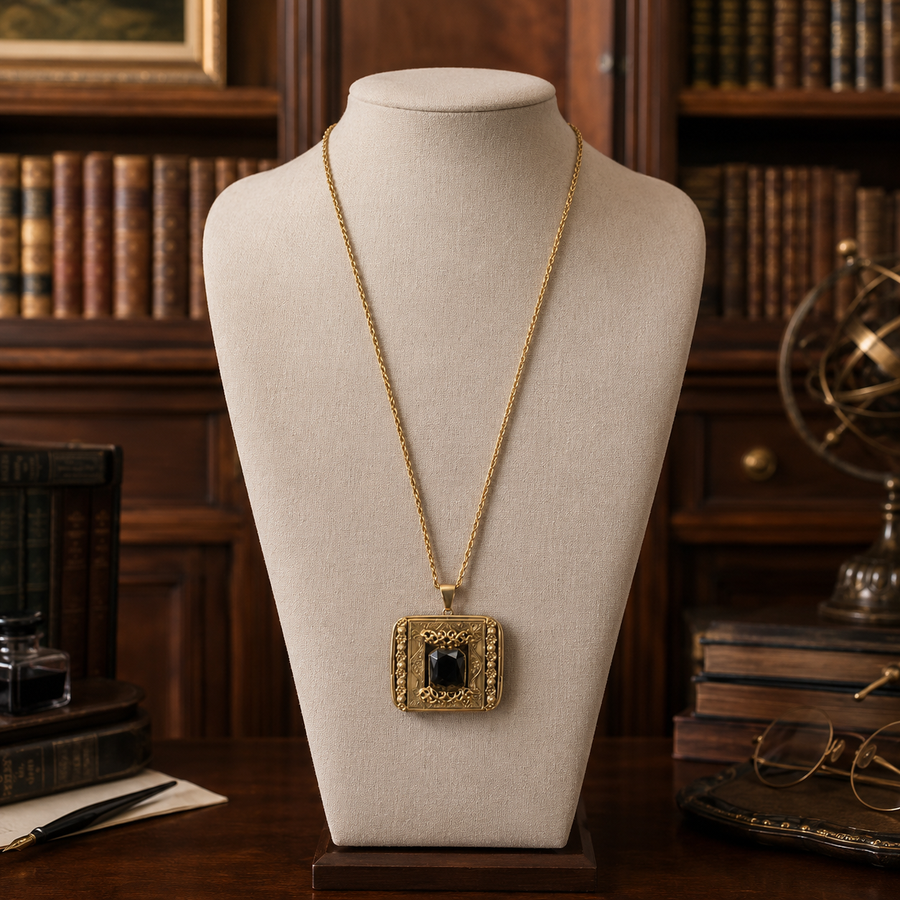 Gold-tone rectangular floral locket-style pendant with smoky glass center on rope chain