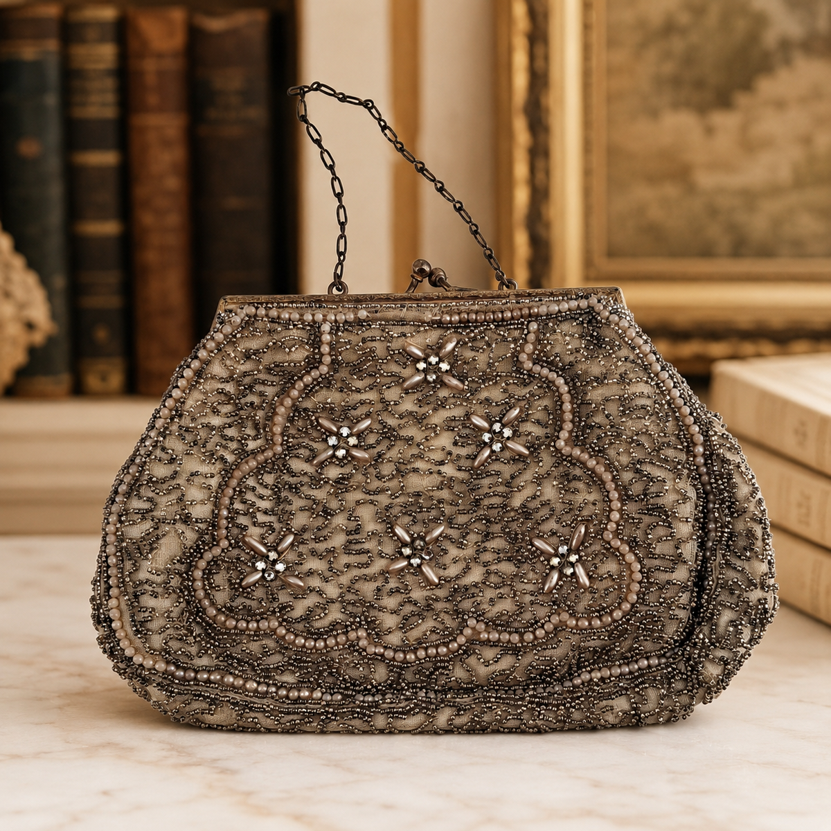 Touch of Nina gold mesh beaded evening clutch with chain strap